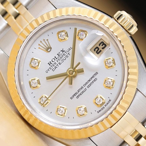ROLEX LADIES DATEJUST 79173 SILVER DIAMOND DIAL 18K GOLD STEEL TWO TONE WATCH