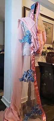 Vintage Heavy Bridal Dupatta Peach Chiffon Silk Long Hijab Hand Embroidered Veil