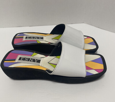 ESNY Slide On Sandals Black, White Patten Leather Spring And Summer FlipFlop 6 M