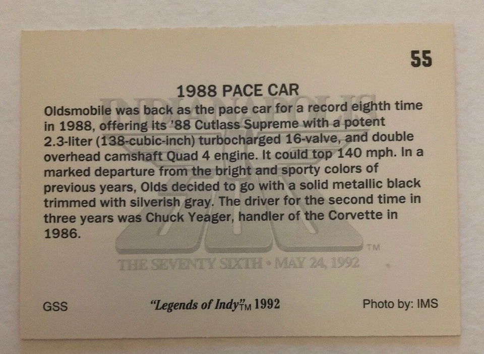1988 OLDSMOBILE PACE CAR CARD Legends of Indy #55 Indianapolis 500 Trading Card - Image 2 of 2