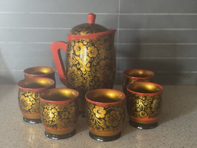 Vintage Khokhloma Set Russian USSR Soviet Hand Painted 6  Cups & Covered Pitcher