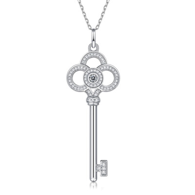 0.1ct D Color VVS Moissanite Key Pendant Necklace for Women 925 Sterling Silver