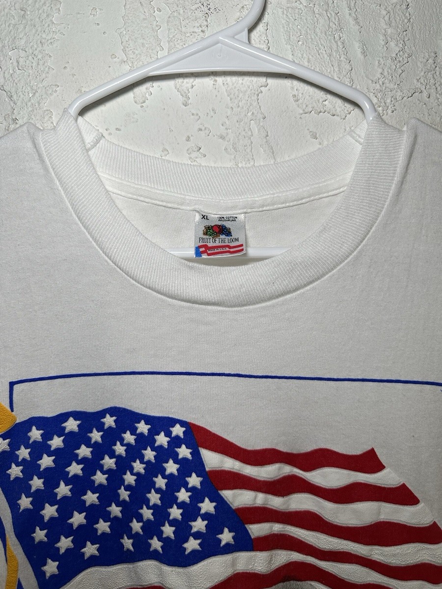 Vintage 90s Support Our Troops American Flag Fat Cat White T-shirt