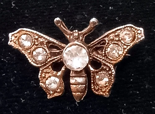Vintage Costume Jewelry Gold-Tone Clear Rhinestone Small Butterfly Brooch Pin