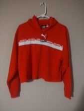 Puma Sweater Hoodie Women s Large Red Crop Relaxed Fit Pullover New