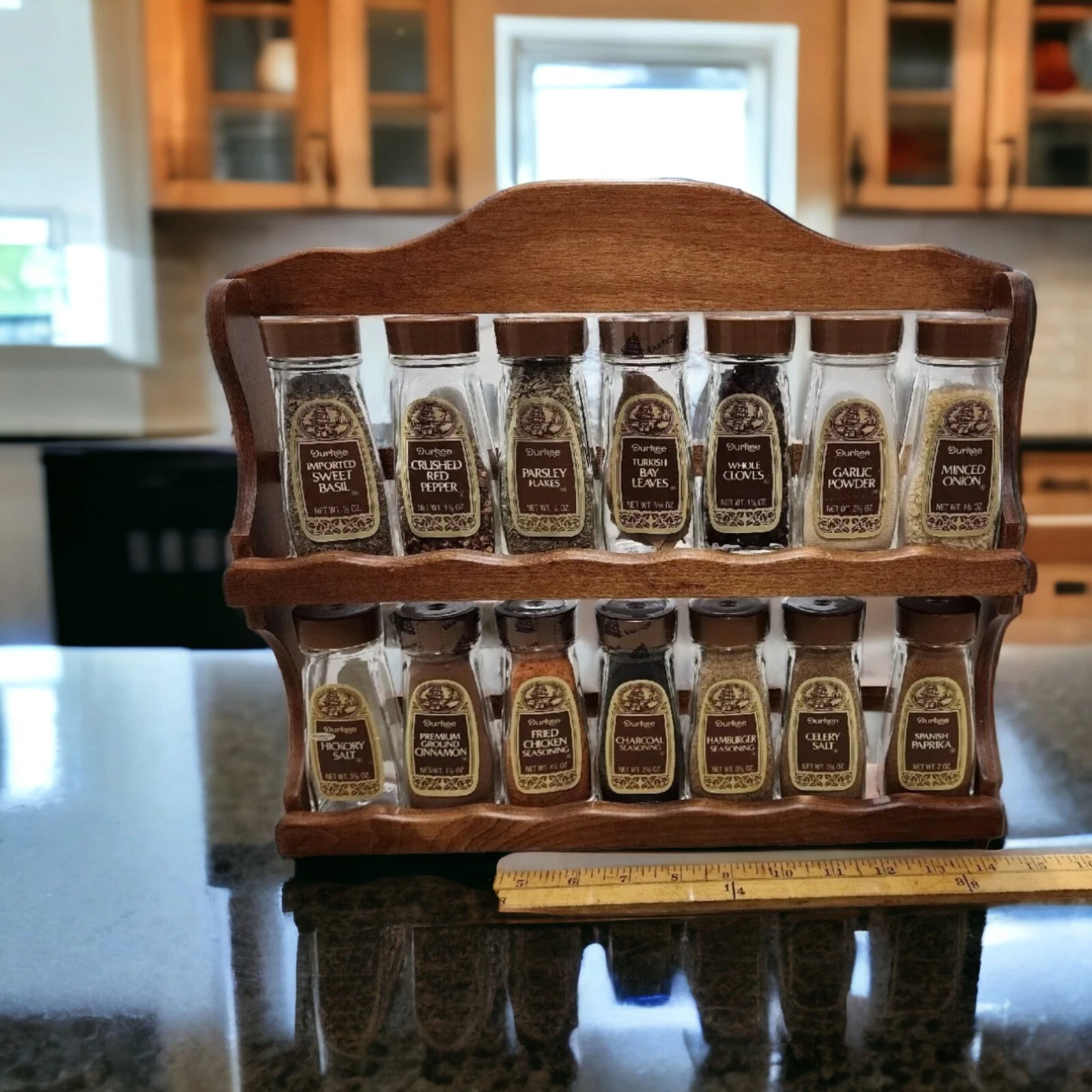 Durkee Foods Wooden Spice Rack Complete with 14 Glass Spice Jars 1970s Vintage