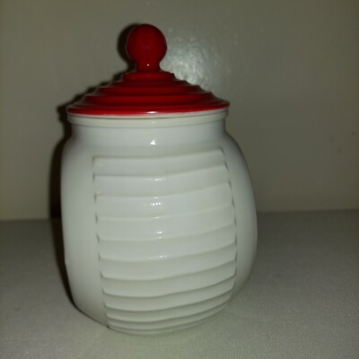 VINTAGE WHITE Milk GLASS GREASE JAR Fire King TULIPS red 7