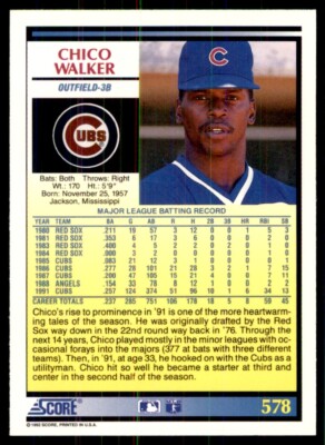 1992 Score Chico Walker Chicago Cubs #578 | eBay