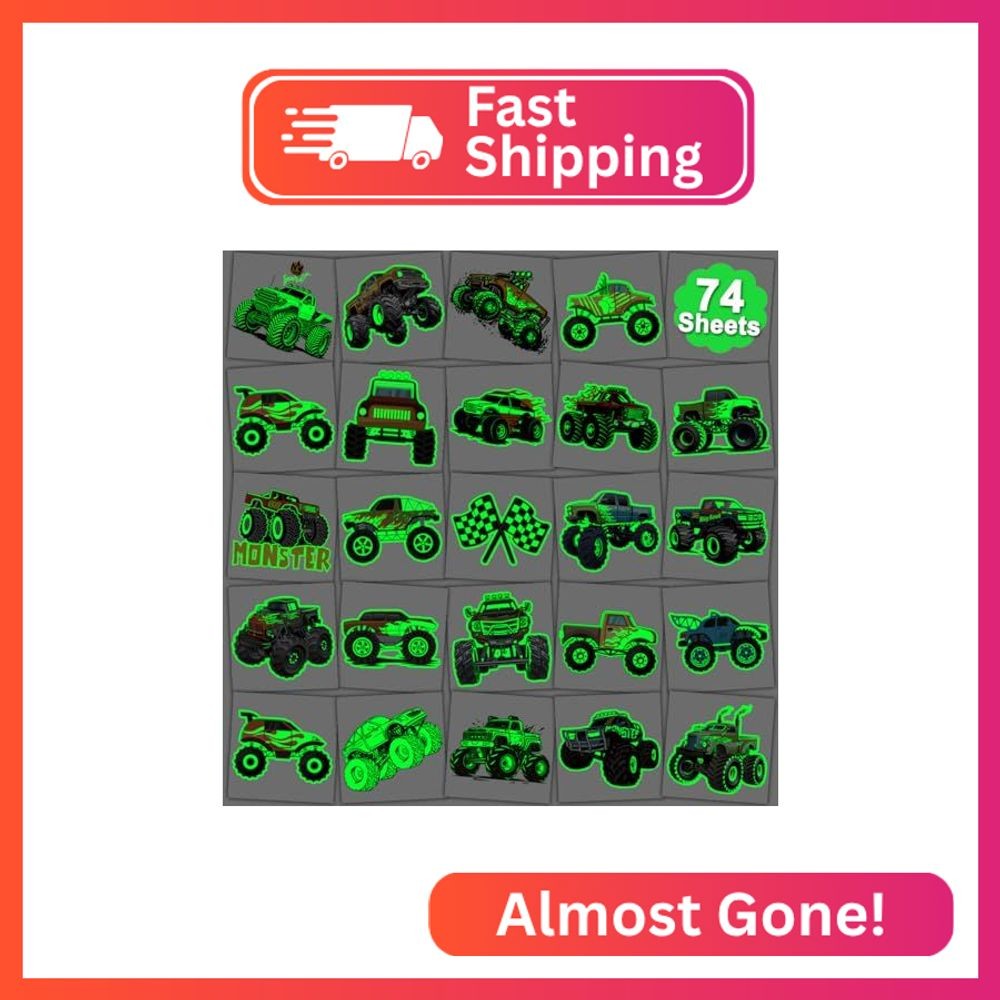 CHARLENT Glow in The Dark Monster Truck Temporary Tattoos fo