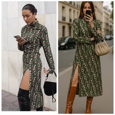 Zara Green Printed High Slit Long Sleeve Midi Dress Small Blogger Favorite NWT
