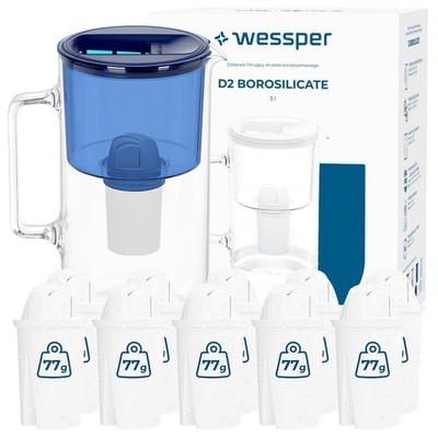 Wasserfilter Kanne Glas 3L Wessper D2 BOROSILICATE mit 11 Kartuschen blau