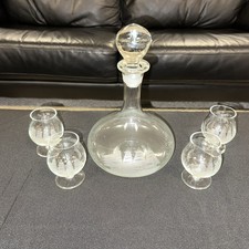 Vintage Glass Decanter with Stopper   Etched Tall Ship Sailing with 4 Snifers