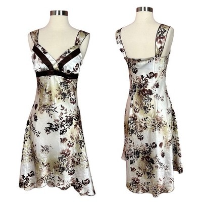 BCX Brown Babydoll Dress Floral Print Satin Size 11 Made in USA