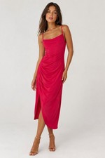 SHEIN Pink Ruched Midi Dress Spaghetti Strap Bodycon Side Slit Size S