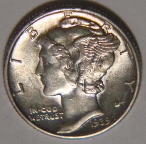 1939 P Mercury Dime 10C Cents Coin Silver, AU+!