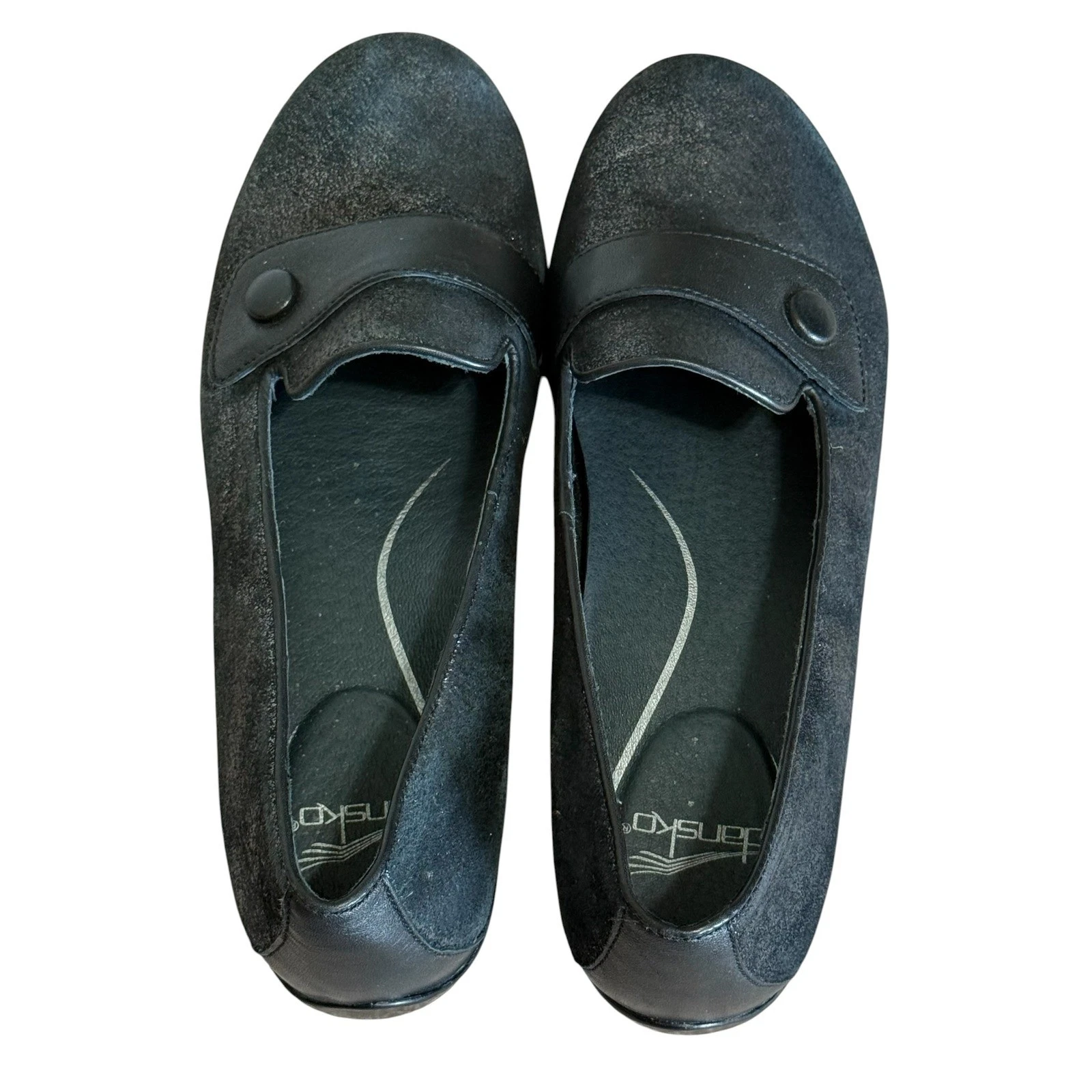 Dansko Black Metallic Shimmer Leather Button Loafers Womens Sz 40 EU 9 -9.5 US