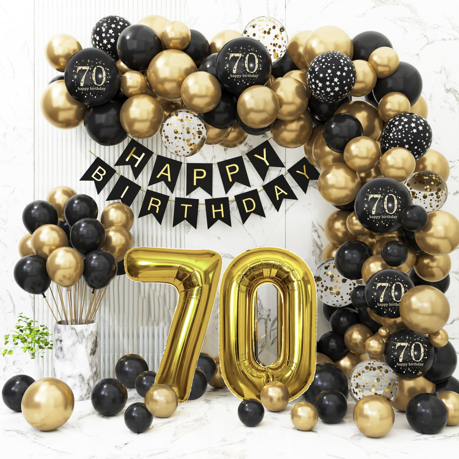 70th Birthday Decorations Black Gold Theme for Men and Women