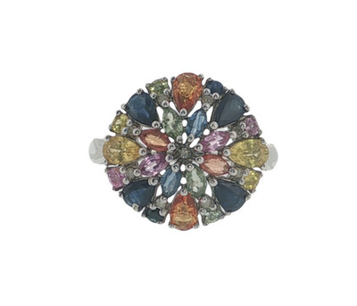 Cluster-Ring Sterlingsilber Diamant und mehrfarbiger Saphir UK O1/2 3,2 g