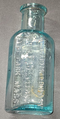 Antique Blue Glass Embossed Bottle Cleveland's Oil Polishes Alden T Cleveland MA
