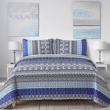WONGS BEDDING Boho Quilt Set King Size, Blue Bohemian 3 Pieces Quilt Sets, Light