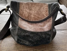 The Sak Deena Flap Fold Over Leather Brown Patchwork Crossbody Purse adjustable