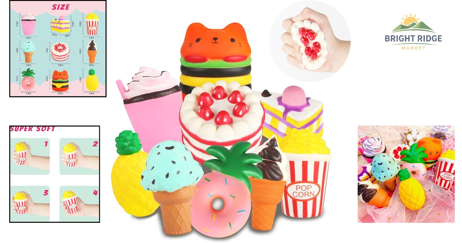 Kawaii Jumbo Squishies Set, Soft Toy Pack with Hamburger, Ice