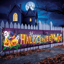 Extra Large Happy Halloween Banner 9.8Ft Outdoor Purple Pumpkin Yard Party Decor