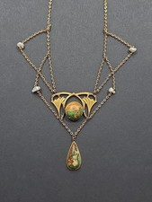 Art Nouveau GOLD FILLED & 8k Gold Green Turquoise Cabochon FESTOON Necklace 16