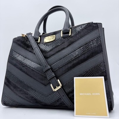 Michael Kors Kellen Chevron Medium Satchel Black Leather 2Way Bag Gold Hardware
