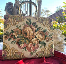 Vintage Italian Floral Tapestry Box Purse Gold Metal Handle evening Bag/Italy