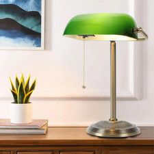 Vintage Bankers Desk Lamp with Green Glass Shade and Pull Chain Switch