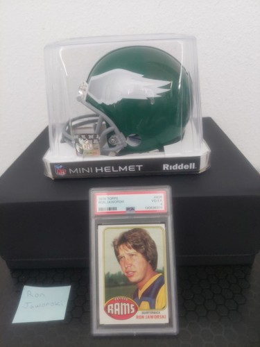Riddell NFL Mini Helmet Signed Ron Jaworski & 1976 TOPPS #426 VINTAGE Card PSA 4