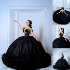 Noble Black Ruffed Sweet 15 Quinceanera Dress Gold Beaded Sequin Tulle Ball Gown