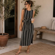 LOFT Sz Small Black Textured White Eyelash Striped Tie Stretch Summer Dress
