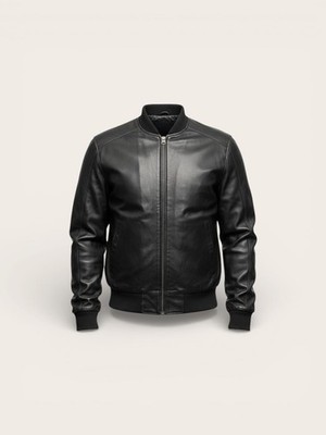 Men Real Sheep Leather Cafe Racer Black Bomber Jacket