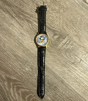 #ad Mickey Mouse Cartoon Dial Quartz Analog Wristwatch Black Leather Strap Gold $10.00