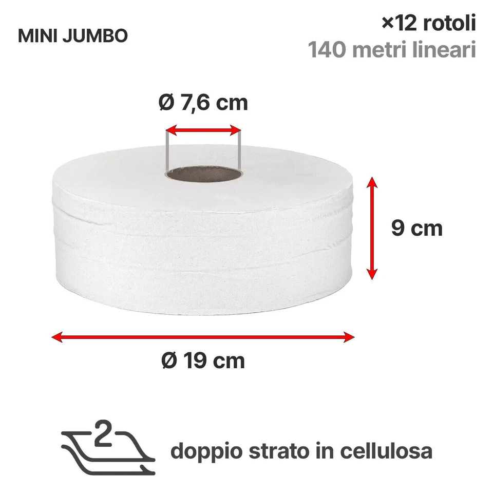 Carta Igienica Mini Jumbo Distributore Dispenser 12 Rotoli Grandi Doppio Velo - Immagine 2 di 2