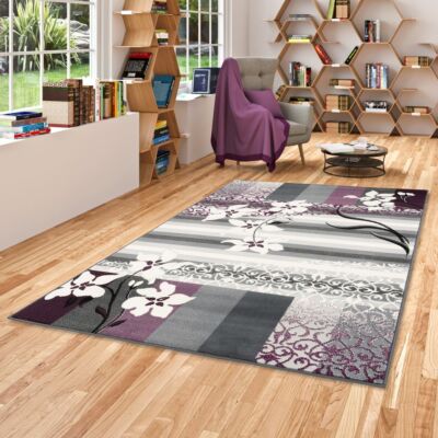 Designer Teppich Samba Modern Grau Lila Blumen