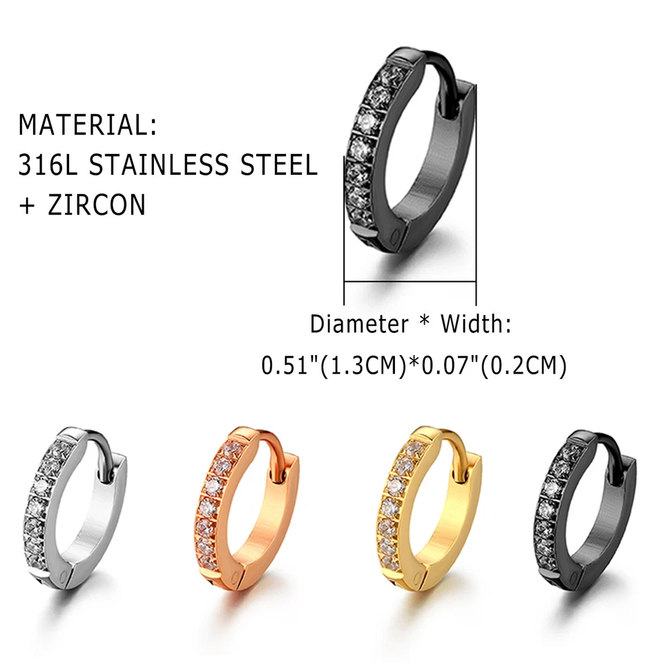 Pendientes de aro pequeños con bisagras Huggie con incrustaciones de circonita cúbica de acero inoxidable para hombre y mujer 2 un. Foto 3 de 4