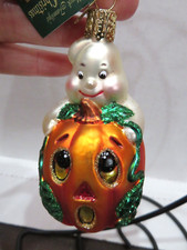 Old World Christmas OWC Holiday Glass Ornament PUMPKIN  GHOST Glitter 4 "