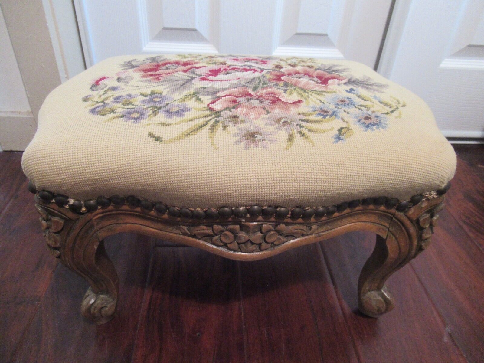 Vintage early 20th c. Yellow Floral Needlepoint Footstool w/Carved Wood Frame 