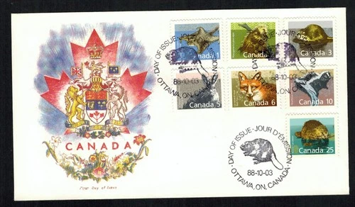 Canada #1155-1161, 1988 1¢-25¢ Animal low values, R. G. Sharpe (RGS) cachet FDC