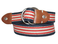 J.CREW Red, White,  Blue Cotton Webbing  Cedar Tan Leather Double-Ring Belt S