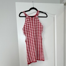 Red White Houndstooth Sleeveless Bodycon Dress Pearl Cut-Out High Neck Short