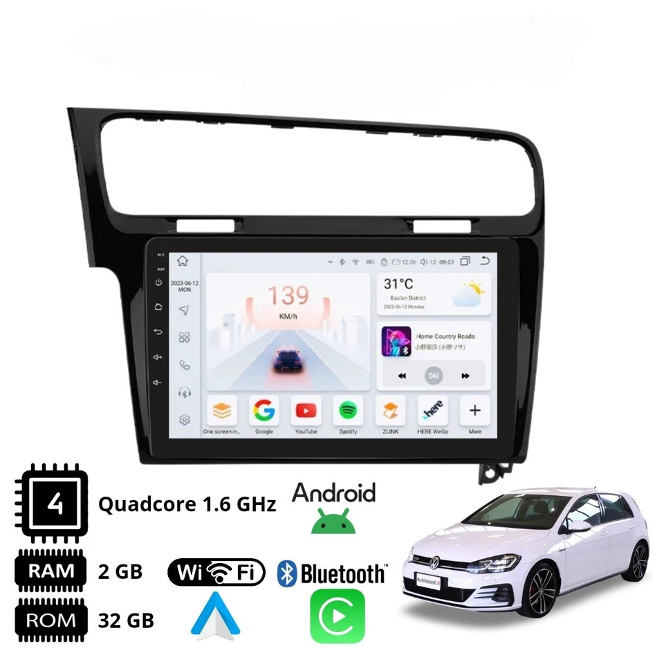 Autoradio Android 10" 2DIN per Golf 7 2012-2020 CarPlay GPS WiFi BT 2+32GB - Immagine 4 di 4
