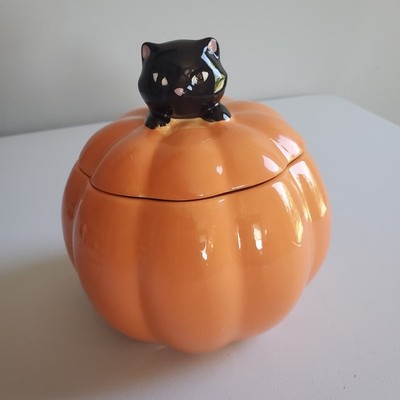 Halloween Orange Pumpkin w/Black Cat Treat Jar 6in Cute