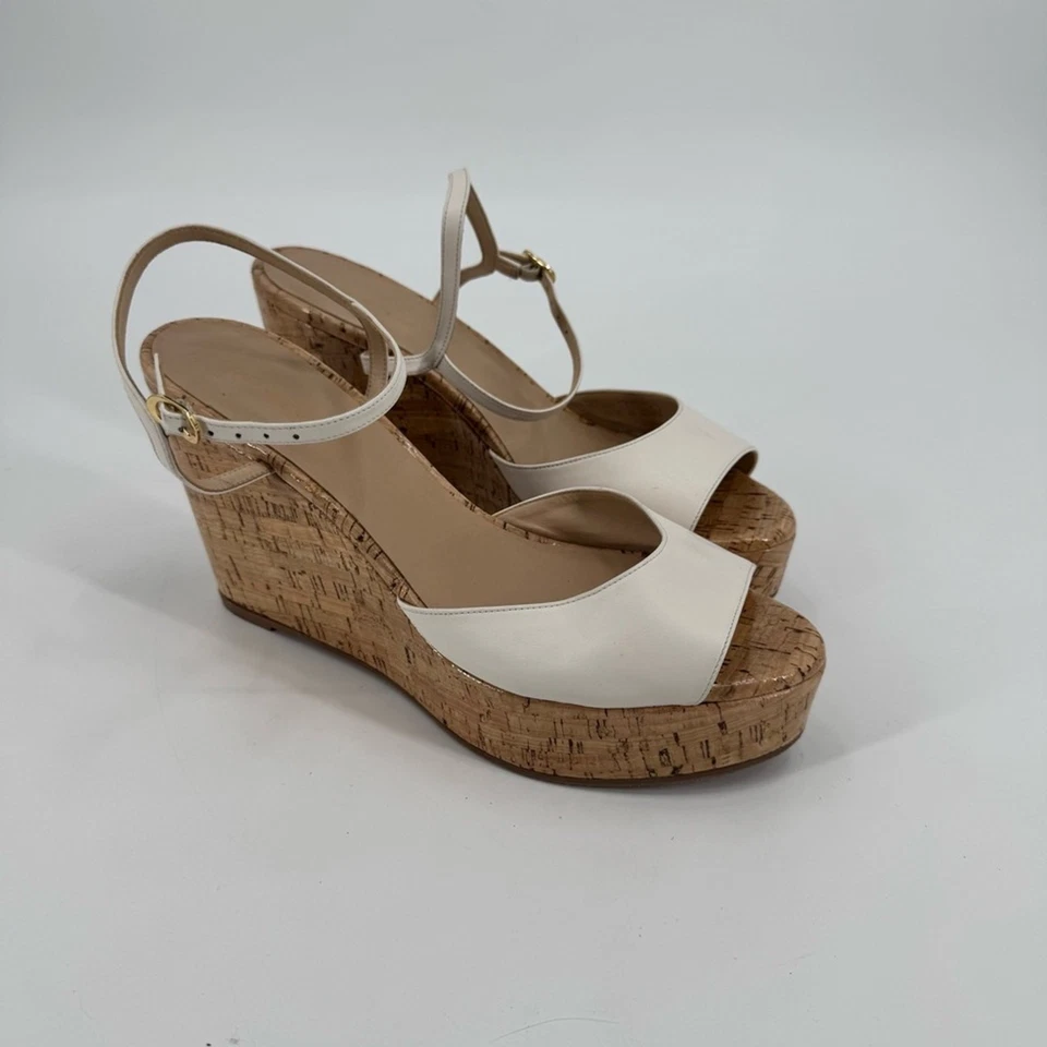 Stuart Weitzman White Leather Palmina Wedge Cork Heel Open Toe Sandals Size 12 - Image 2 of 4