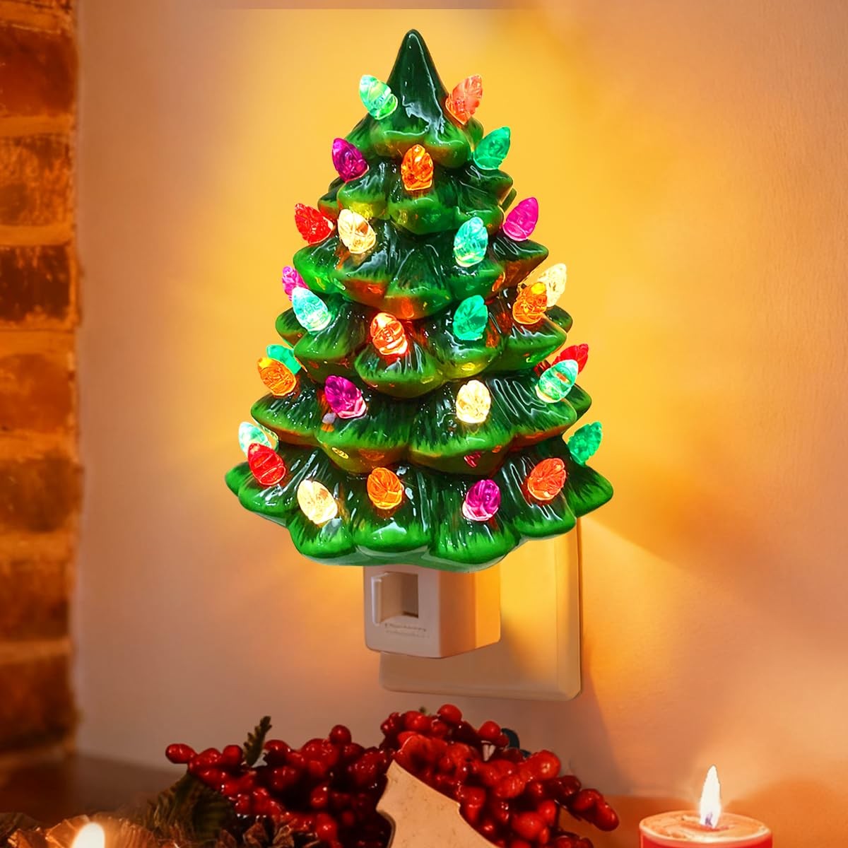 Ceramic Christmas Tree Night Light, Vintage Green Christmas Tree Wall Plug in...
