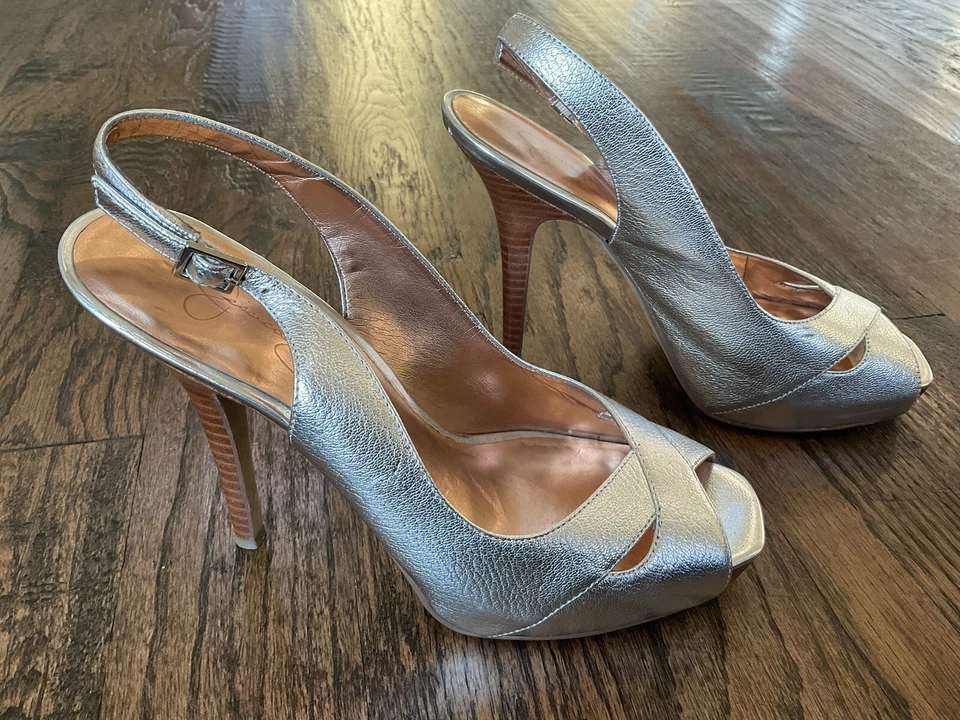 Jessica Simpson JS BABE Plata Plataforma Tacones Dream Nappa Puntera Abierta EE. UU. Talla 9B Foto 2 de 4