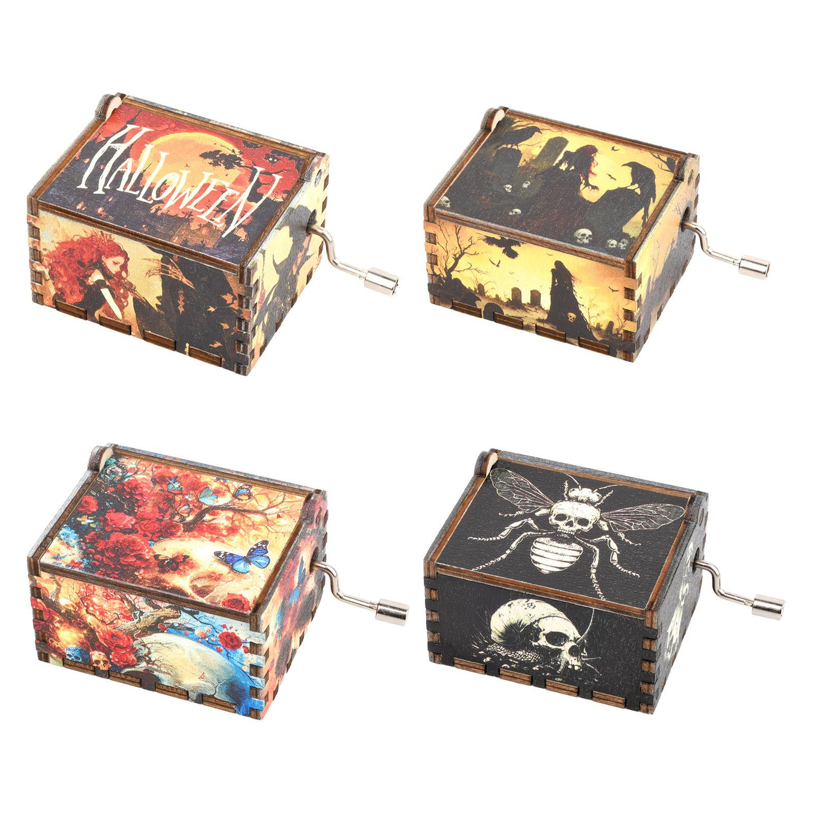 Vintage Hand Crank Halloween Wooden Music Box with Classic Melody